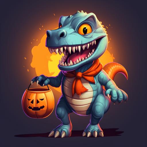 cartoon t-rex dinosaur, smiling, dressed as spiderman, trick or treating, carrying an orange halloween pumpkin bucket