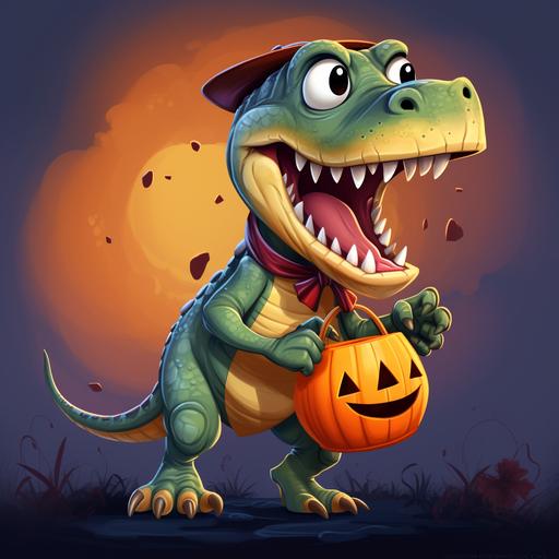 cartoon t-rex dinosaur, smiling, dressed as spiderman, trick or treating, carrying an orange halloween pumpkin bucket