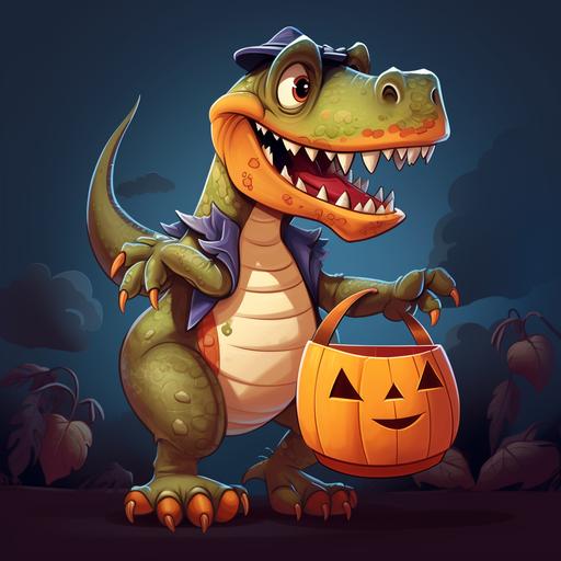 cartoon t-rex dinosaur, smiling, dressed as spiderman, trick or treating, carrying an orange halloween pumpkin bucket