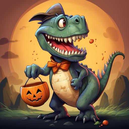 cartoon t-rex dinosaur, smiling, dressed as spiderman, trick or treating, carrying an orange halloween pumpkin bucket