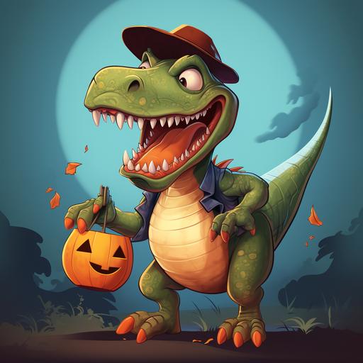 cartoon t-rex dinosaur, smiling, dressed as spiderman, trick or treating, carrying an orange halloween pumpkin bucket