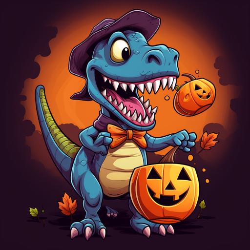 cartoon t-rex dinosaur, smiling, dressed as spiderman, trick or treating, carrying an orange halloween pumpkin bucket