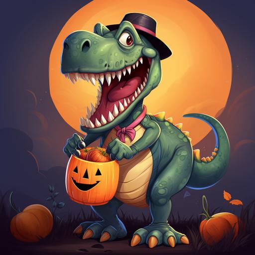 cartoon t-rex dinosaur, smiling, dressed as spiderman, trick or treating, carrying an orange halloween pumpkin bucket