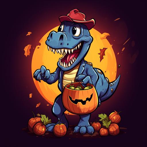 cartoon t-rex dinosaur, smiling, dressed as spiderman, trick or treating, carrying an orange halloween pumpkin bucket