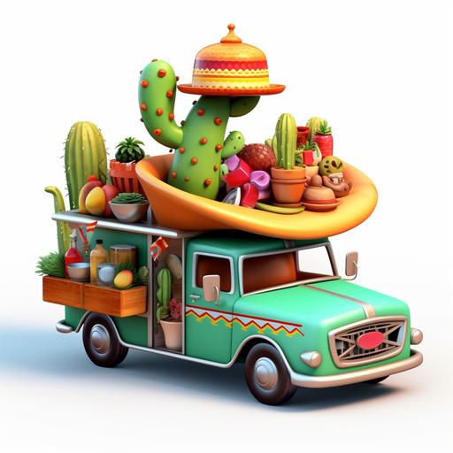 cartoon taco truck, a cactus wearing a big sombrero running with a tray full of food. White background