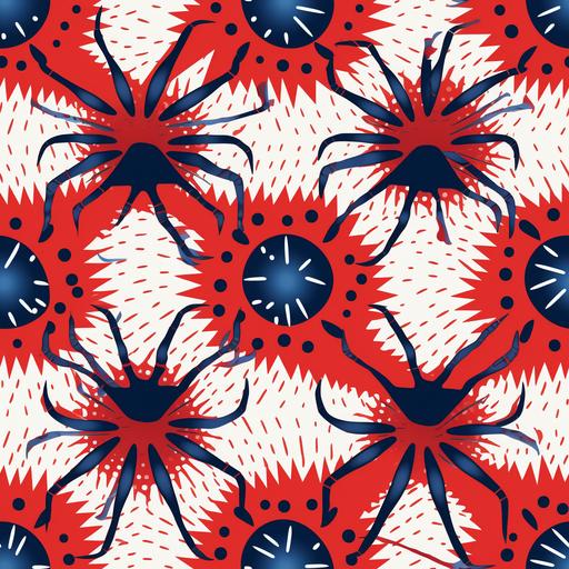 cartoon tarantula spider crawling on spider web, red and blue color scheme, simplified design with geometric patterns --tile --v 5.2