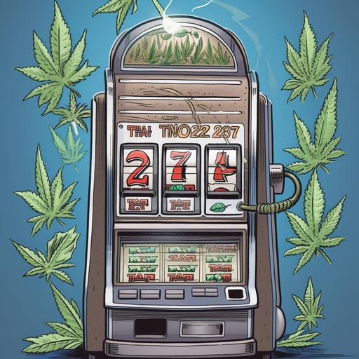 cartoon triple slot machine hitting 777, cartoon, cannabis, hand drawn, RGB, detail, --v 5 --s 750