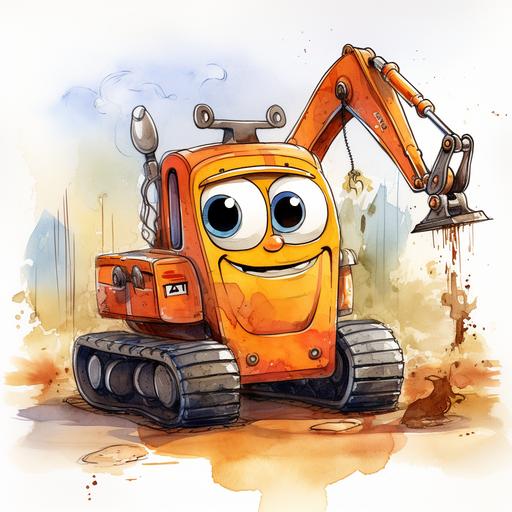 cartoon watercolour orange digger with a digger arm on front and a soft realistic cartoon happy face with a soft watercolour feel and a watercolour background