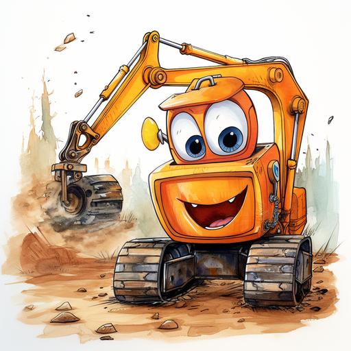 cartoon watercolour orange digger with a digger arm on front and a soft realistic cartoon happy face with a soft watercolour feel and a watercolour background