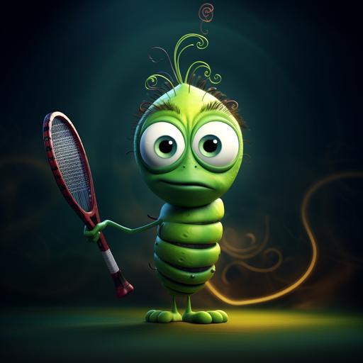 cartoon worm in the style of tim burton crossed with pixar. Cute eyes, and crazy look. Holding a tennis racket with his tail.