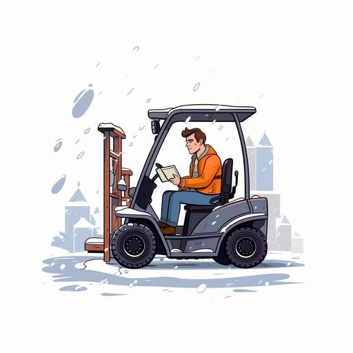 cartoon. A forklift is pulling a man sitting in an office chair through the snow. transparent background.