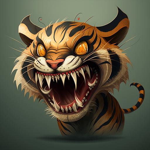 cartoonish deepiction of a cute and scary tiger with teeth