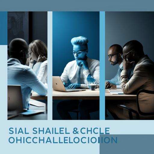 Design a logo that depicts a group of diverse individuals sitting at a desk, conveying a sense of serenity and well-being, using shades of light blue for Desk to Share, a company that specializes in creating and managing shared workspaces for a community of professionals, 4k