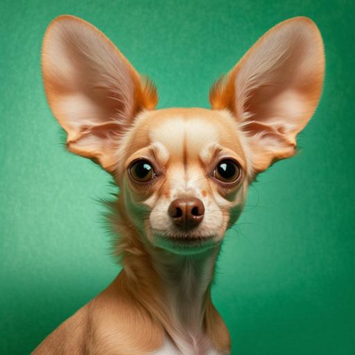 cashew-colored small dog with big ears and brown eyes against a emerald green background