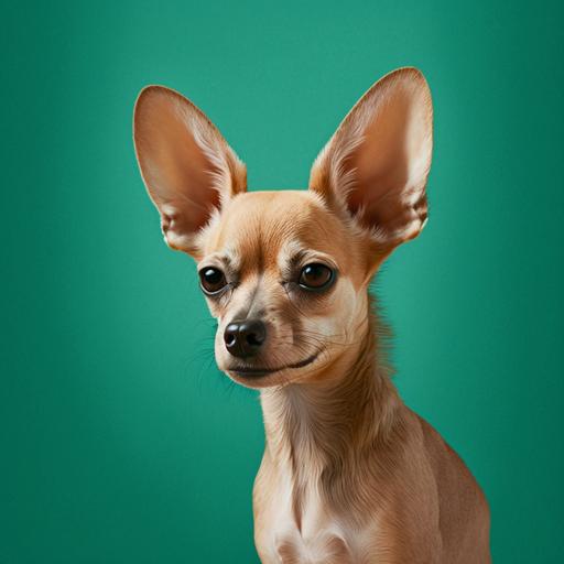 cashew-colored small dog with big ears and brown eyes against a emerald green background