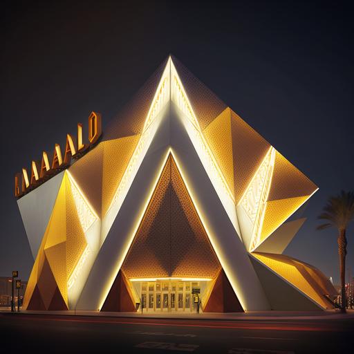 casino exterior designed by daniel libeskind, diamond, gold, las vegas, night, neon lights, searchlights --v 4
