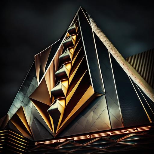 casino exterior designed by daniel libeskind, diamond, gold, las vegas, night, neon lights, searchlights --v 4