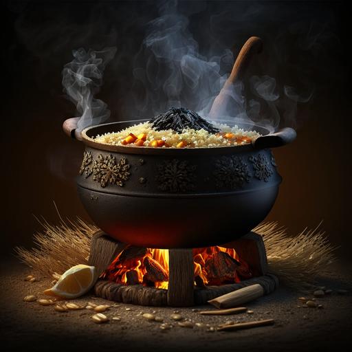 cast-iron cauldron on a fire with fragrant pilaf --q 2 --s 750