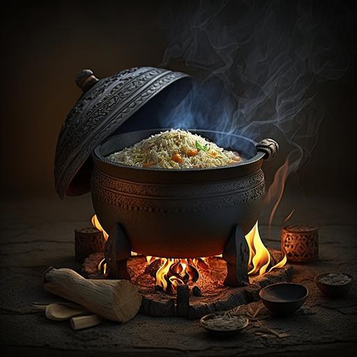 cast-iron cauldron on a fire with fragrant pilaf --q 2 --s 750