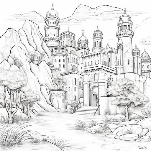 castles in desert coloring page for adult, beach, thick lines, low detail, no shading