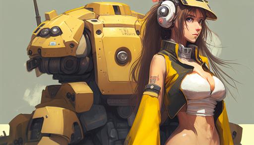 A casual picture of a beautiful long-haired Asian woman wearing a yellow battle vest and wearing a heart-shaped headband of a compact build active on the battlefield, and a side view of a giant robot next to the woman, --ar 1920:1080