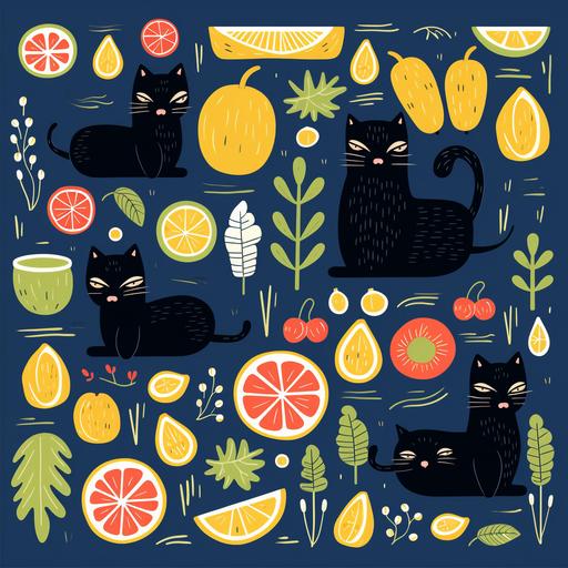 cat and food, flat illustration, pattern