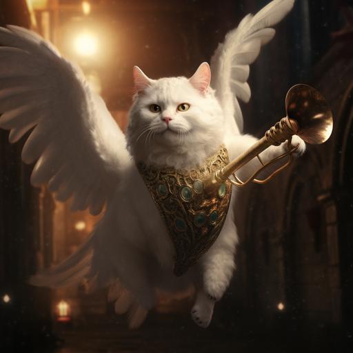 cat as flying angel blowing his horn on Christmas Eve, dramatic, 8k, character, v 5.2