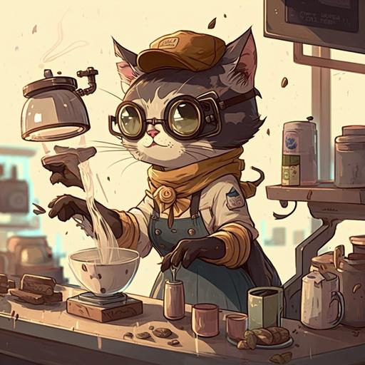 cat, barista, cafe, cartoon, dessert