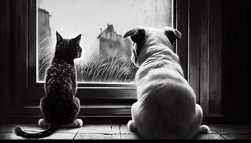 cat black and white and dog short cream and white watching mouse sad passing on the wall, drawing --ar 16:9 --upbeta --s 750