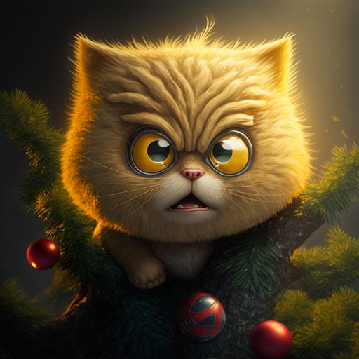cat, cartoon, 8k, ultra detailed, yellow stone, anime, christmas tree, superhero, big eyes, funny, fluffy
