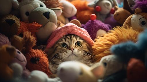 cat disguised in a pile of stuffed animals wearing a funky animal hat, cinematic --ar 16:9