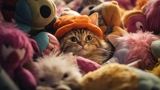 cat disguised in a pile of stuffed animals wearing a funky animal hat, cinematic --ar 16:9