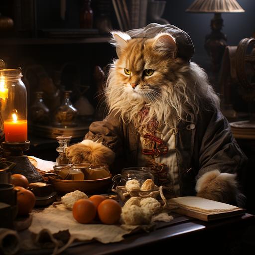 cat doing breakfast using magic in the kichen --stylize 1000
