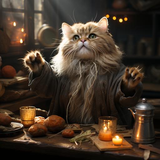 cat doing breakfast using magic in the kichen --stylize 1000