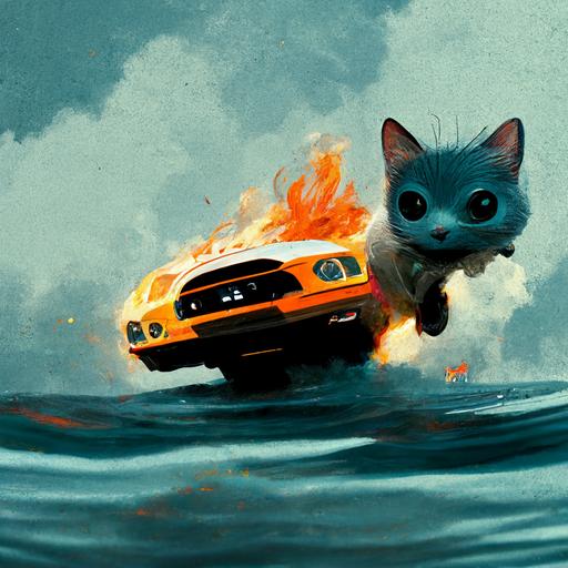 cat driving a Ford mustang jumping over fire sharks