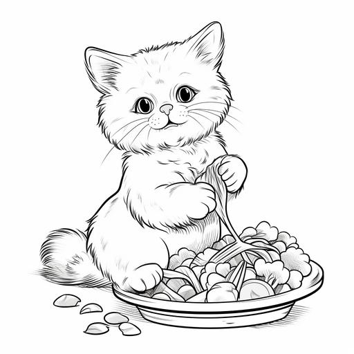 cat eating broccoli and carrots cartoon style, low details, black over white, for a coloring book for 3 year old kids