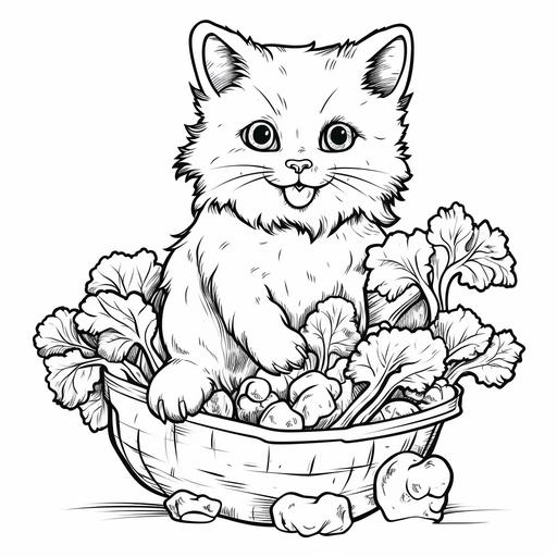 cat eating broccoli and carrots cartoon style, low details, black over white, for a coloring book for 3 year old kids