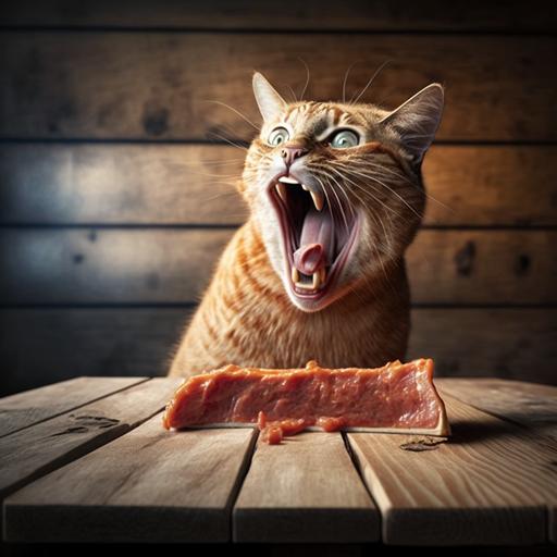 cat eating, raw meat, wooden table, background color orange, open mouth