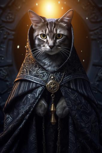 cat folk priestess, bengal cat, a black cloak with stars, chain mail armor, posed, full body portrait, two point lighting, dawn in the background, photorealistic, intricate detail, --ar 2:3