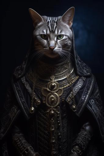 cat folk priestess, bengal cat, a black cloak with stars, chain mail armor, posed, full body portrait, photorealistic, intricate detail, --ar 2:3