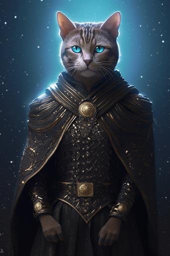 cat folk priestess, bengal cat, a black cloak with stars, chain mail armor, posed, full body portrait, two point lighting, dawn in the background, photorealistic, intricate detail, --ar 2:3