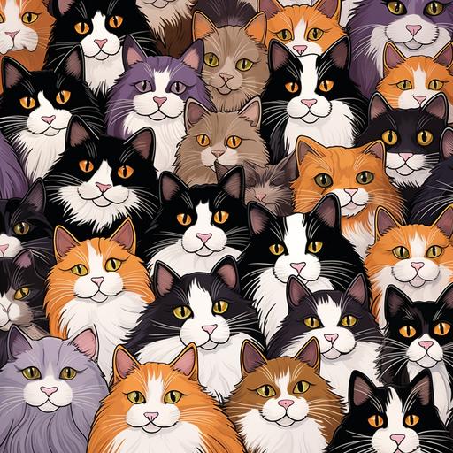 cat heads, long haired, calico (brown, orange, black, white, purple), wallpaper pattern, variety of cat heads, zoomed out, many cat heads, cartoon, fun, cute