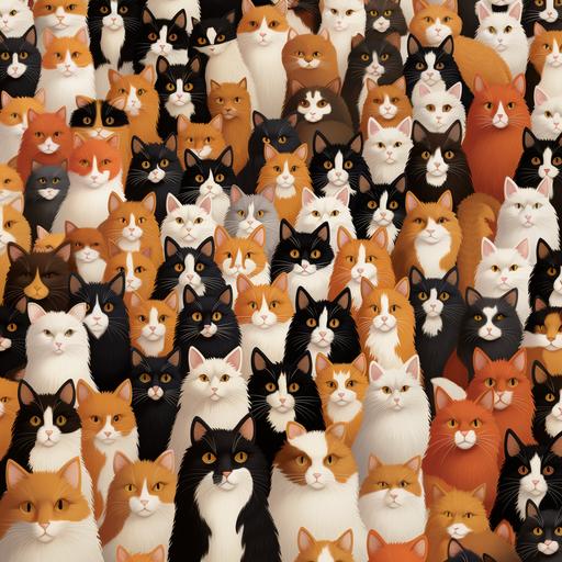 cat heads, long haired, calico (brown, orange, black, white), wallpaper pattern, variety of cat heads, zoomed out, many cat heads, cartoon, fun, cute