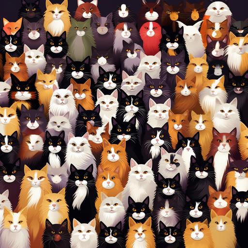 cat heads, long haired, calico (brown, orange, black, white, purple), wallpaper pattern, variety of cat heads, zoomed out, many cat heads, cartoon, fun, cute