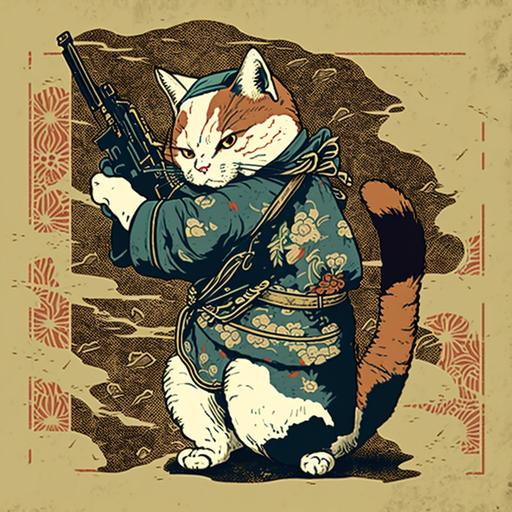 cat holding a gun, dressed like a bandit ukiyo-e art