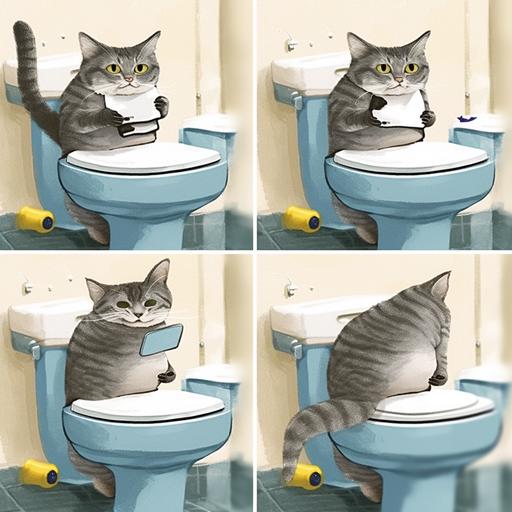 cat is sitting on top of toilet and is playing with mobile phone while on toilet, cartoon style, candid celebrity shots, kombuchapunk, photo, shiny, eye-catching, mottled --niji 5 --style cute