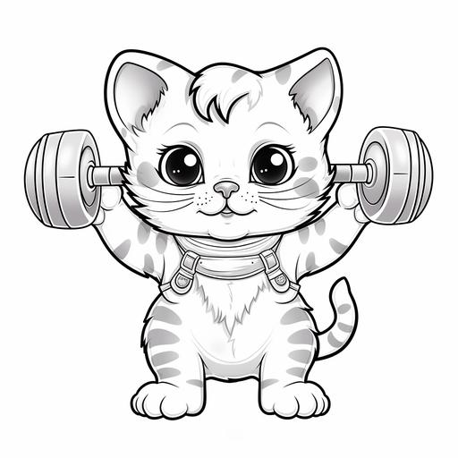 cat lifting weights manga style low details black over white for a coloring book for 3 year old kids