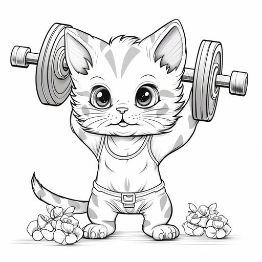 cat lifting weights manga style low details black over white for a coloring book for 3 year old kids