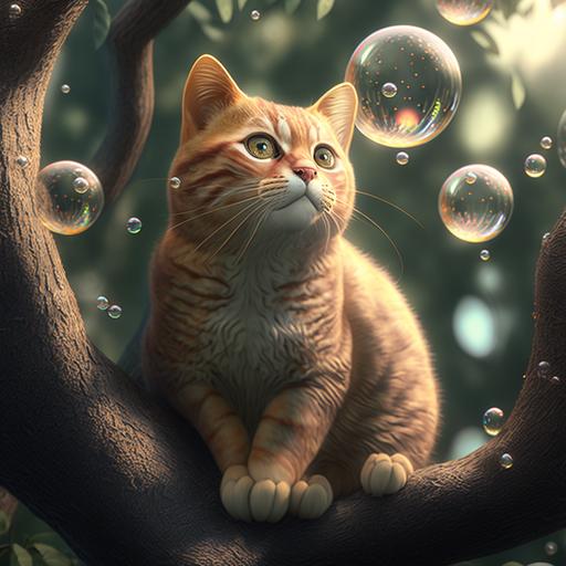 cat on the tree with soap bubbles 3d Arnold render 16:9