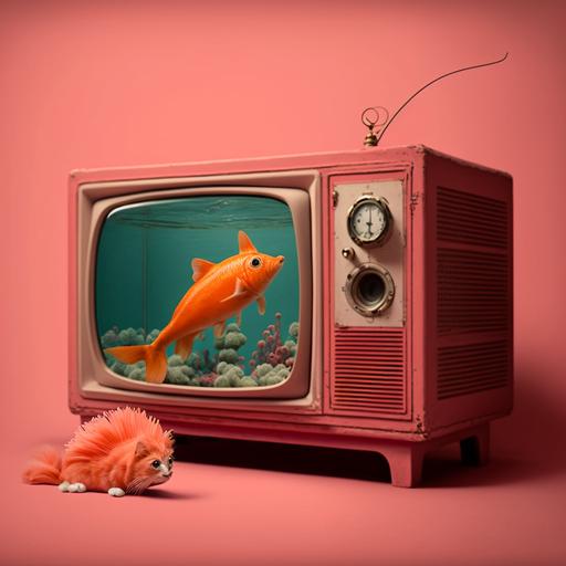cat, pink vintage tv, orange couch, fish